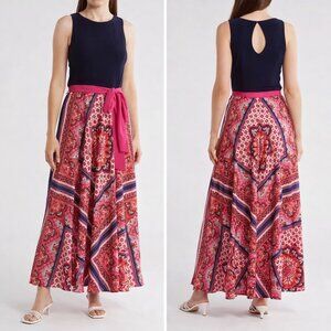ELIZA J Navy Blue Pink Bandana Scarf Print Maxi Belted Tie Waist Gown Dress Sz 8